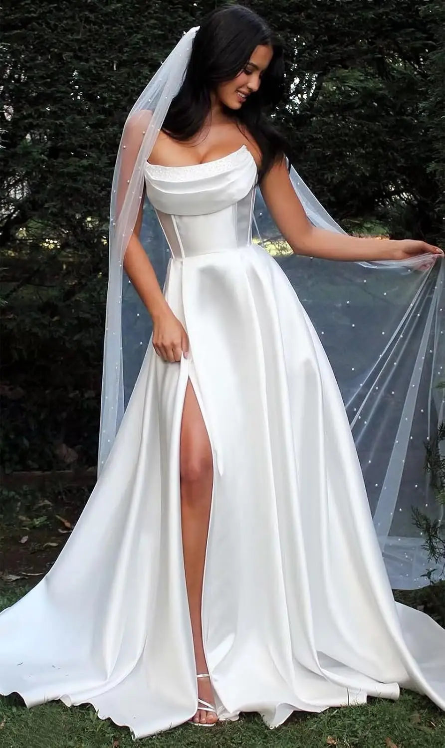Vestidos de fiesta de corsé sin tirantes para mujer con abertura, vestidos largos formales de satén con bolsillos, elegante vestido de fiesta sin mangas