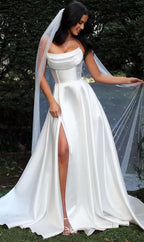 Vestidos de fiesta de corsé sin tirantes para mujer con abertura, vestidos largos formales de satén con bolsillos, elegante vestido de fiesta sin mangas