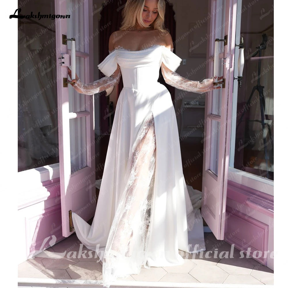 Customized Off Shoulder Satin A Line Wedding Dress With Sweep Train