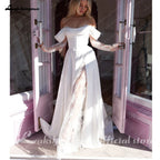 Customized Off Shoulder Satin A Line Wedding Dress With Sweep Train