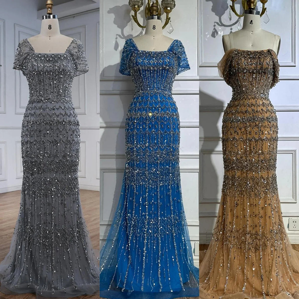 Women Blue Mermaid Beaded Evening Dress Detachable Sleeves Custom Fit