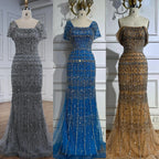 Women Blue Mermaid Beaded Evening Dress Detachable Sleeves Custom Fit
