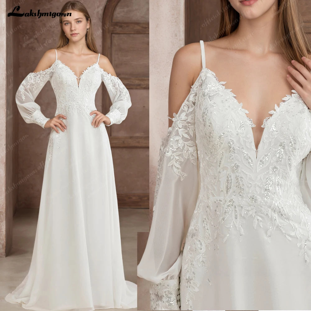 Custom Illusion Off White Bridal Gown Off Shoulder Long Sleeve Wedding Dress