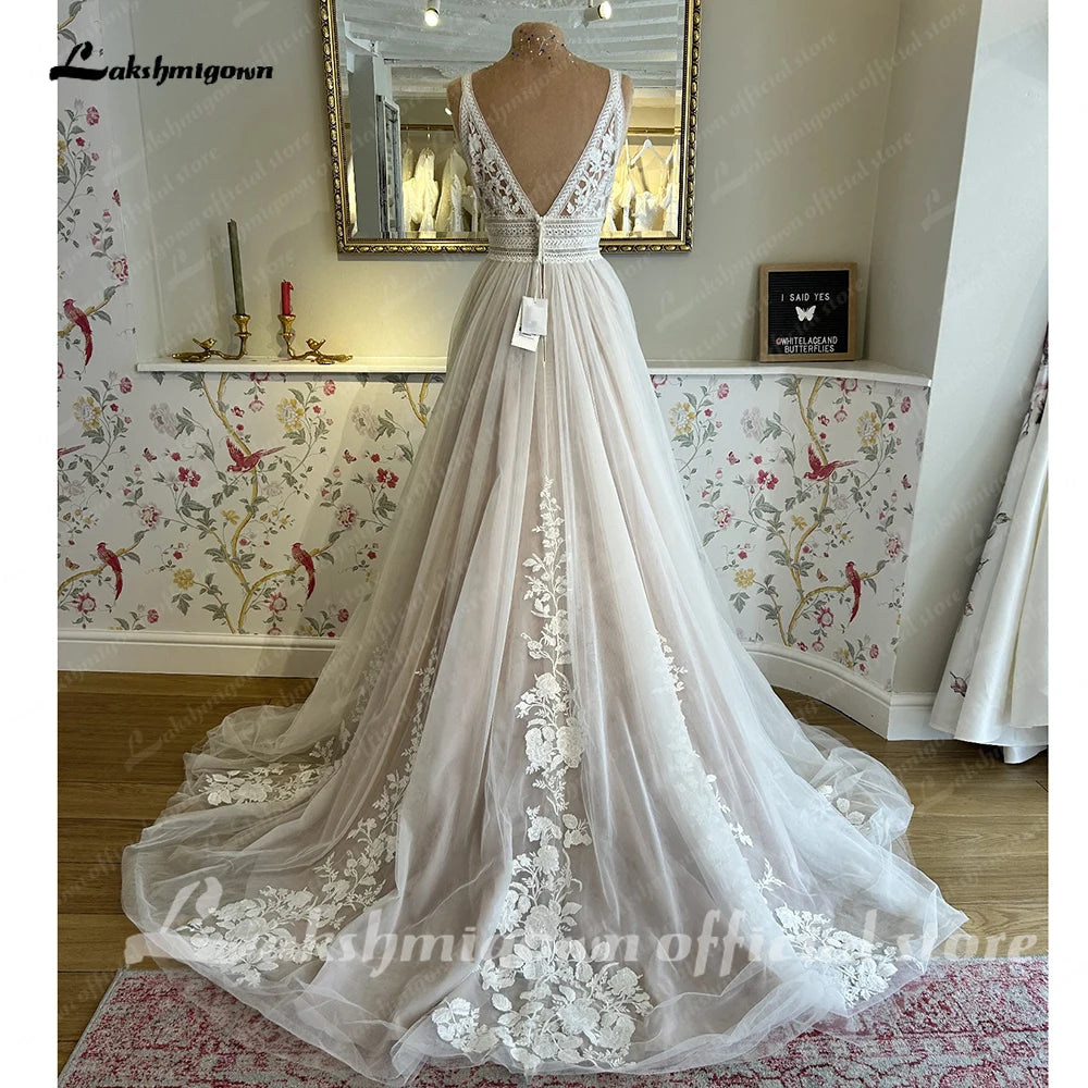 Boho V Neck Lace Appliques Wedding Dress For Women Custom Bridal Gown