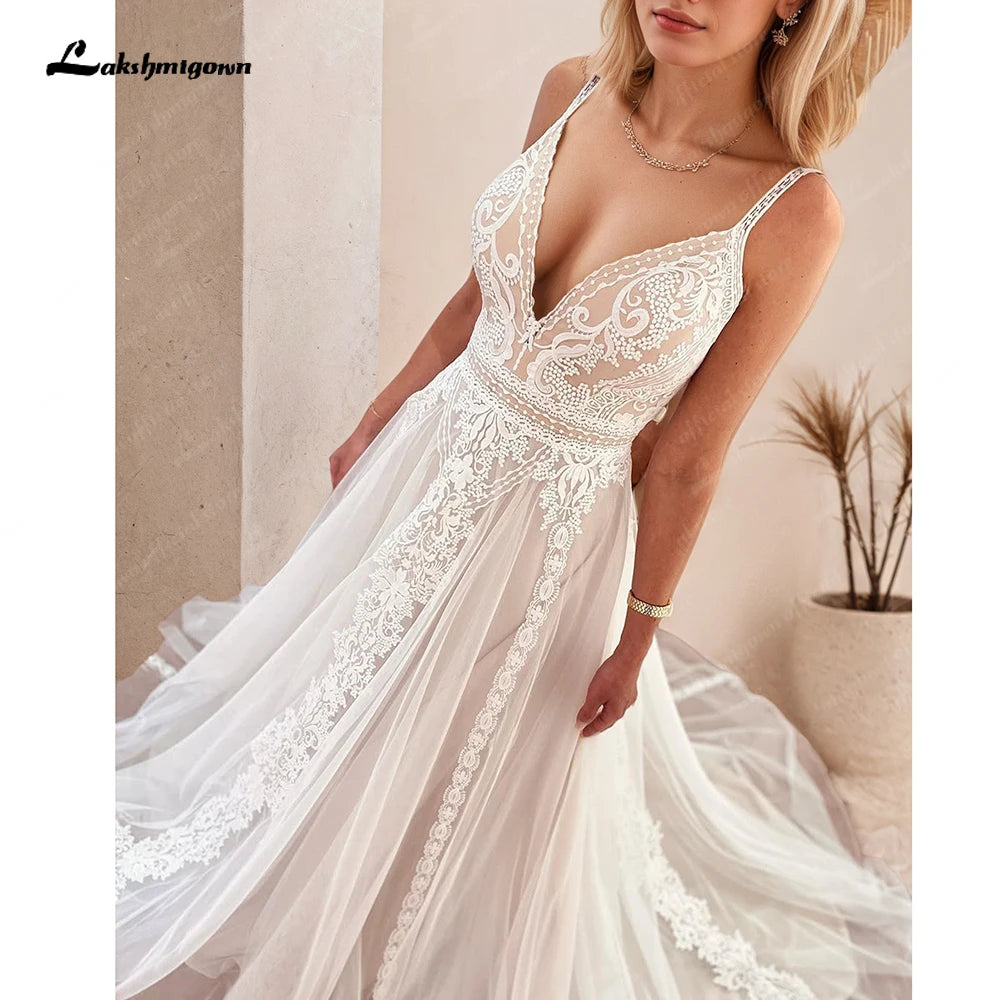 Custom Summer Boho A Line Wedding Dress With Lace V Neck