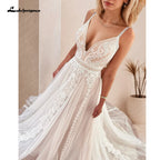 Custom Summer Boho A Line Wedding Dress With Lace V Neck