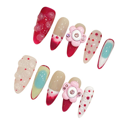 10 uñas postizas francesas rojas, brillantes, rosa rubor, hechas a mano, con diseños florales 3D, reutilizables, largas, almendradas. 