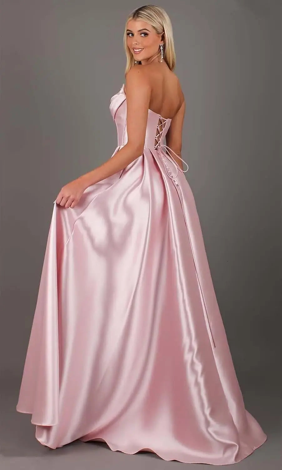 Vestidos de fiesta de corsé sin tirantes para mujer con abertura, vestidos largos formales de satén con bolsillos, elegante vestido de fiesta sin mangas
