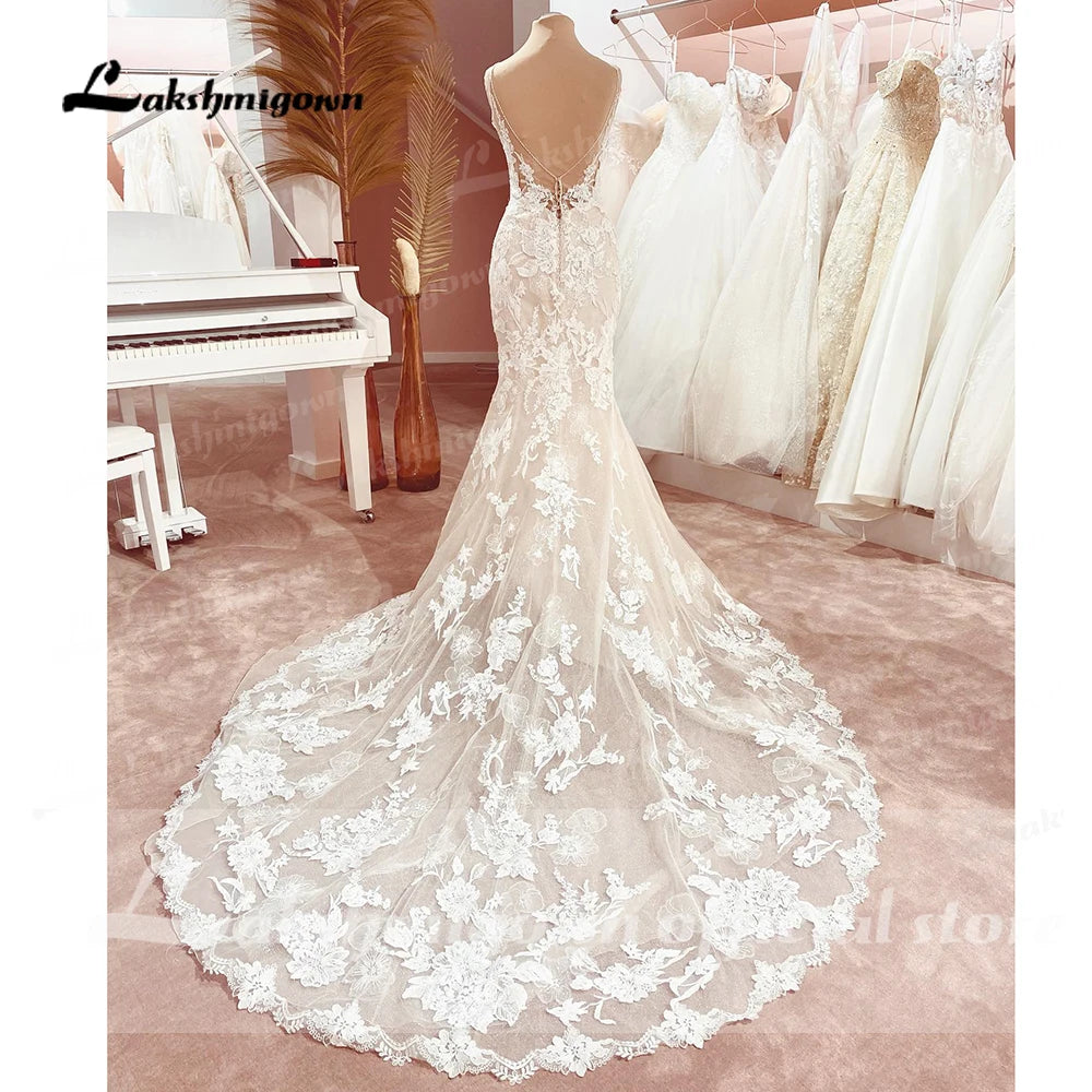 Custom Spaghetti Straps Floral Lace Mermaid Wedding Dress