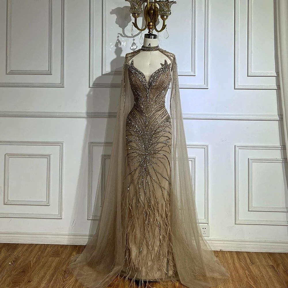 Customized White Nude Mermaid Evening Dress With Cape And Beaded Feathers