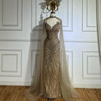 Customized White Nude Mermaid Evening Dress With Cape And Beaded Feathers