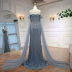 Serene Hill Dusty Blue Off Shoulder Beaded Mermaid Custom Evening Gown