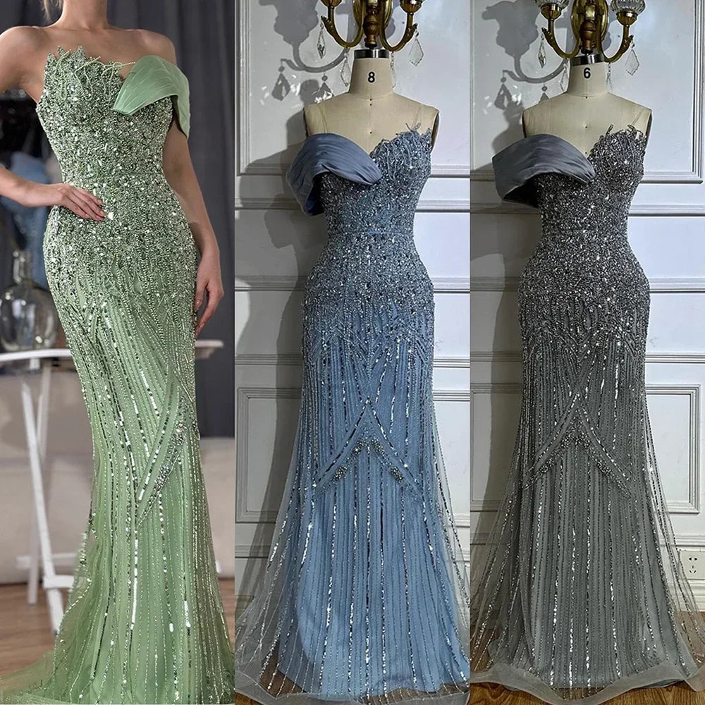 Custom Grey Mermaid One Shoulder Beaded Long Evening Gown