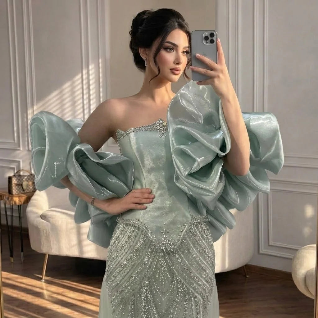 Custom Sage Green Mermaid Evening Dress With Cape And Beaded Gown For Women