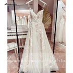 Custom Vintage Champagne Tulle A Line Wedding Dress Backless Lace V Neck