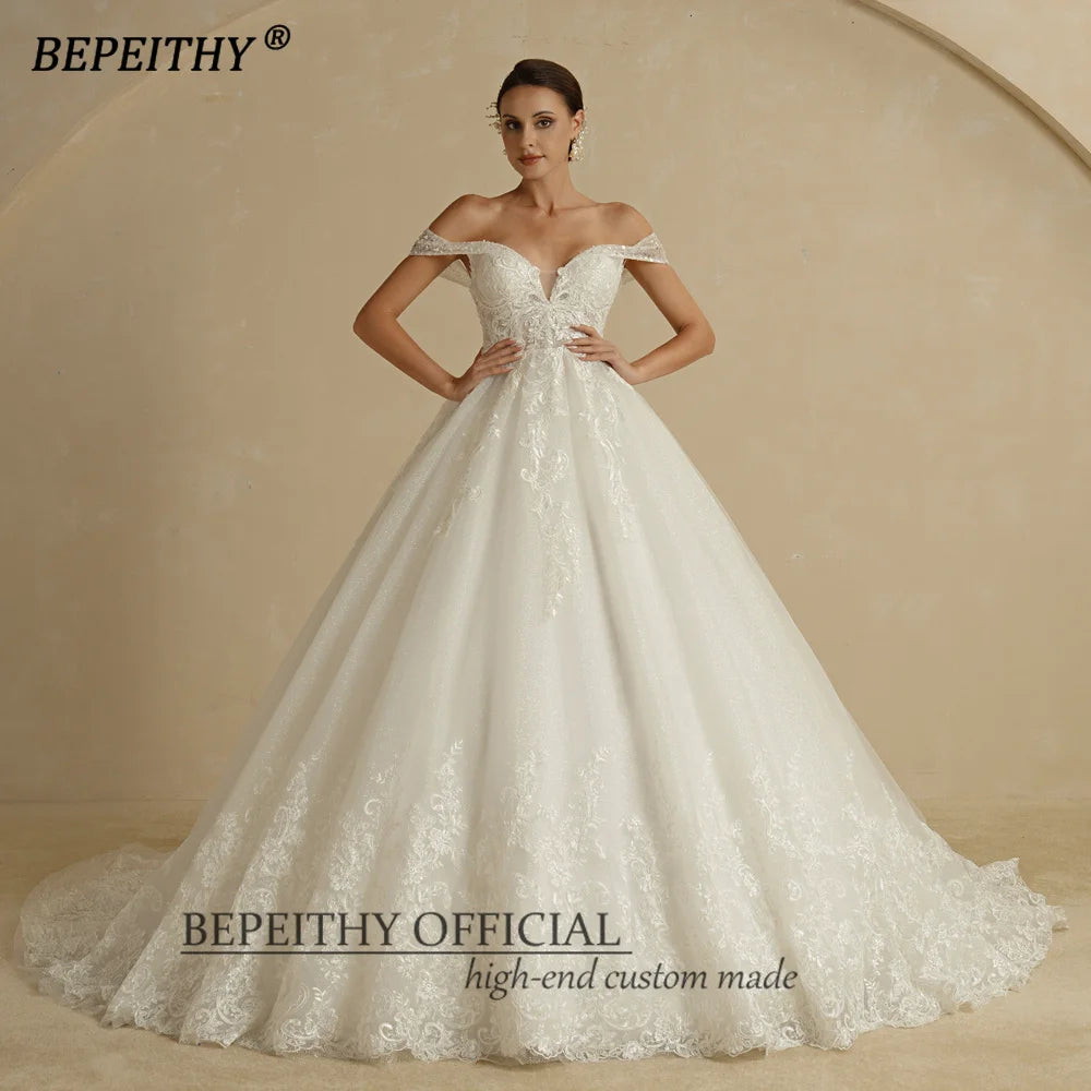 Bepeithy Customized Ivory Glitter Wedding Dress Sleeveless Bridal Ball Gown