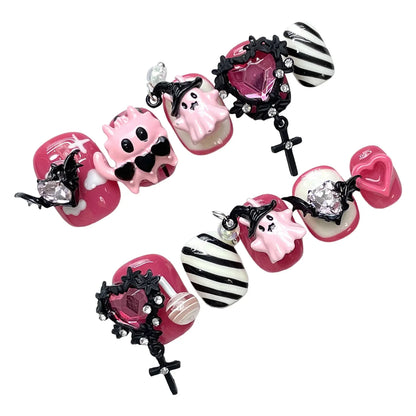 10 uñas postizas con temática de Halloween, diseño 3D de corazón de diablo, uñas postizas redondas cortas de color rosa, hechas a mano. 