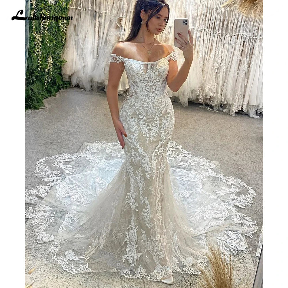 Custom Mermaid Wedding Dress With Lace Appliques Off Shoulder Bridal Gown