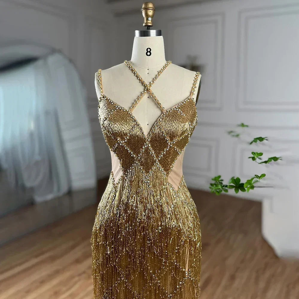 Custom Silver Mermaid Evening Gown With Beaded Tassel Trim