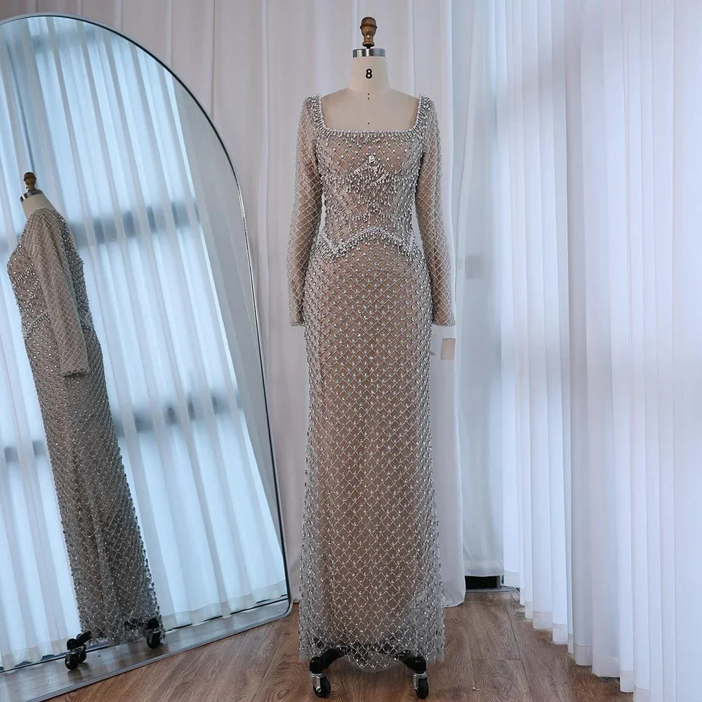 Elegant Beaded Pearl Mermaid Wedding Evening Dress With Long Sleeves