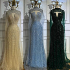 Luxury Evening Dress Nude Pearls Beaded Gown With Tulle Train LA72189A