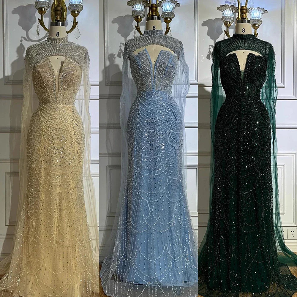 Luxury Evening Dress Nude Pearls Beaded Gown With Tulle Train LA72189A