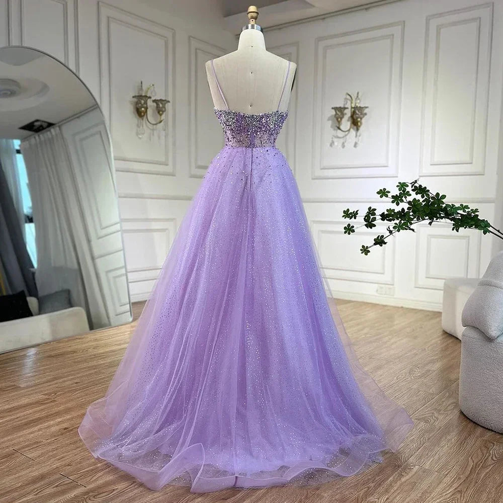 Custom Lilac Spaghetti Strap A Line Beaded Evening Prom Gown For Women