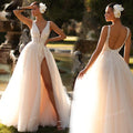Romantic Deep V Neck Custom Bridal Gown With Floral Lace Sweep Train