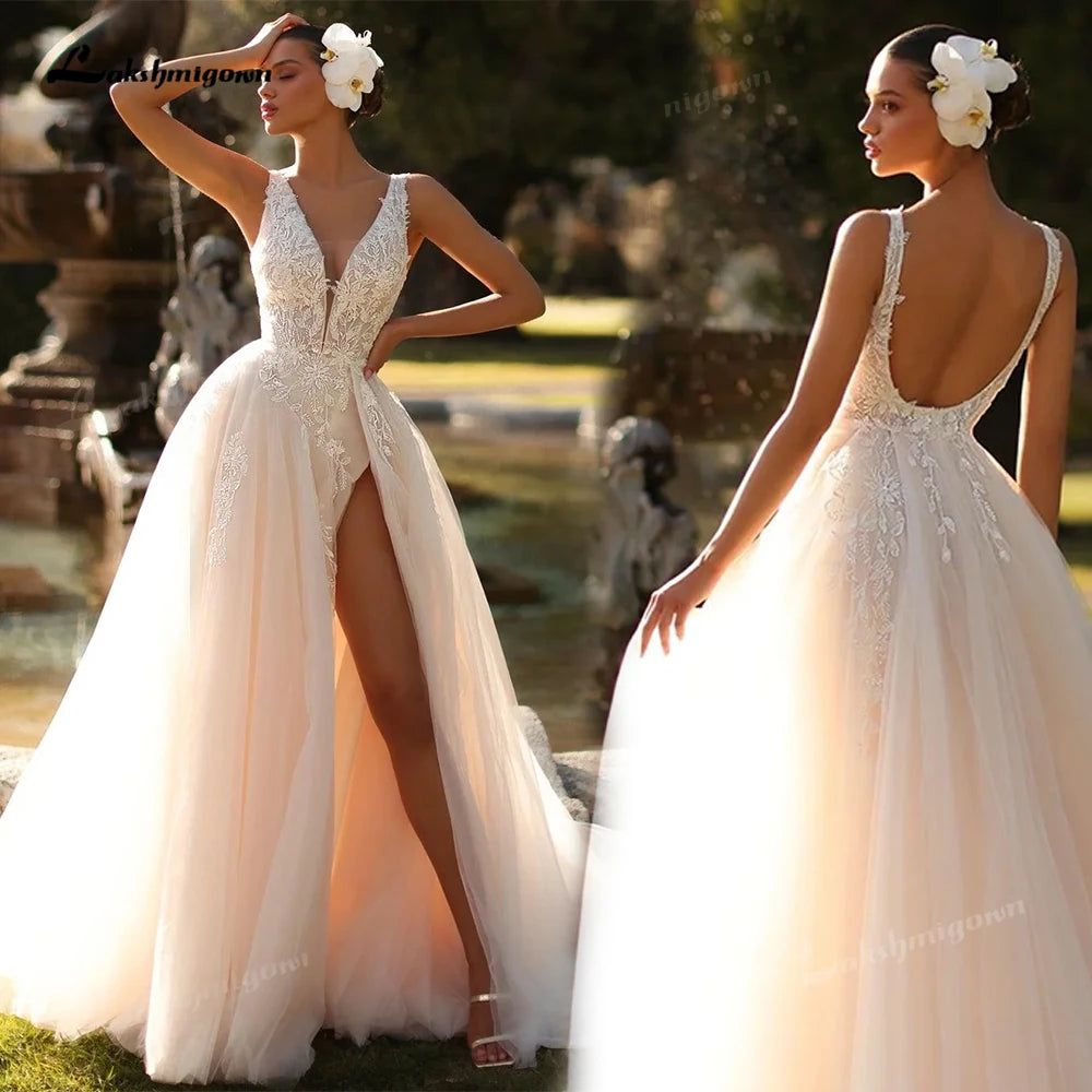Romantic Deep V Neck Custom Bridal Gown With Floral Lace Sweep Train