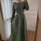 Wine Red Long Sleeve Muslim Evening Dress Beaded Pearl Plus Size Party Gown