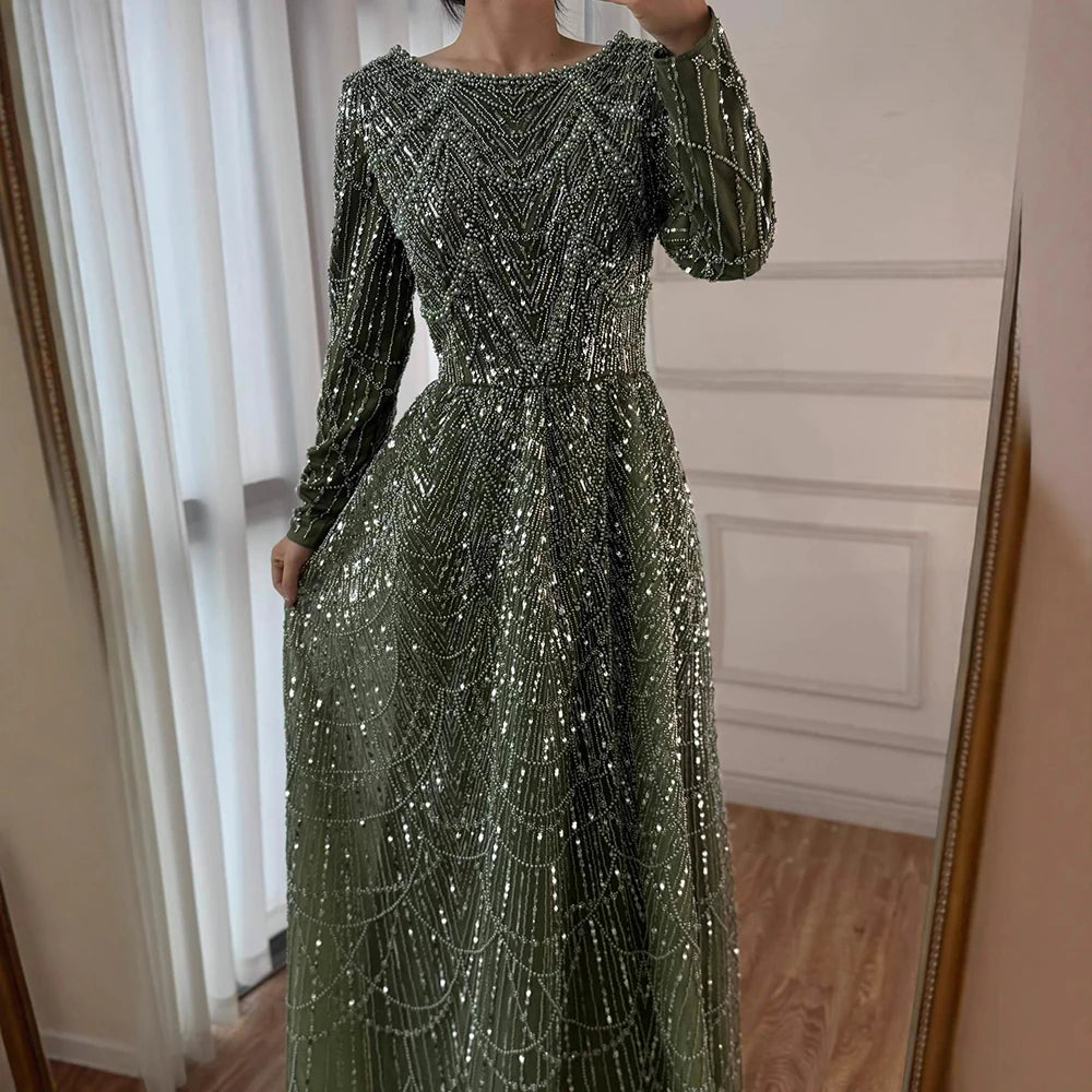 Wine Red Long Sleeve Muslim Evening Dress Beaded Pearl Plus Size Party Gown