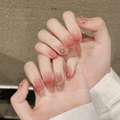 10 uñas postizas de ojo de gato rosa brillante, pintadas a mano, con diseño de flor de pera, cobertura completa, estilo coreano, fáciles de usar. 