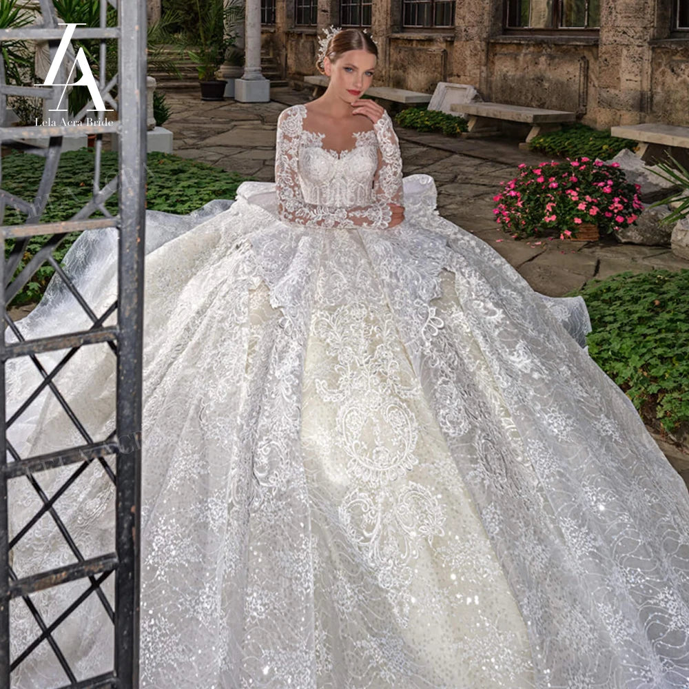 LelaAcra Long Sleeve Ball Gown Wedding Dress Appliques