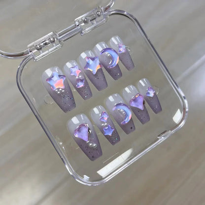 10 uñas postizas desmontables de color crema de azúcar, brillantes, hechas a mano, moradas brillantes, con diseño de luna y estrella 3D. 