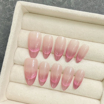 10 uñas postizas brillantes de ojo de gato, color morado nude, almendra, hechas a mano, para uso diario, para fiestas, manicura para mujer. 