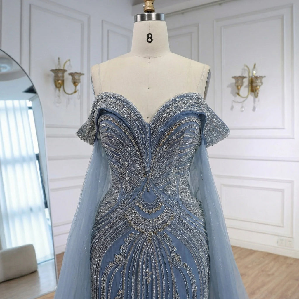 Serene Hill Dusty Blue Off Shoulder Beaded Mermaid Custom Evening Gown