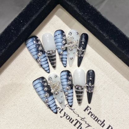 10 uñas postizas francesas hechas a mano con diseño de flores de tulipán, perla, corazón y diamante, uñas postizas de lujo para mujer. 
