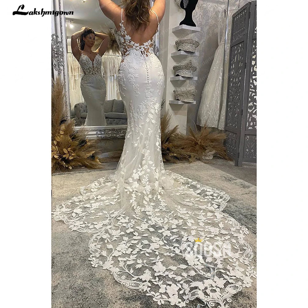 Custom Lace Mermaid Wedding Dress With Spaghetti Straps And Cut Out Train
