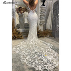 Custom Lace Mermaid Wedding Dress With Spaghetti Straps And Cut Out Train