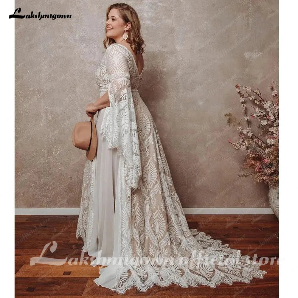 Bohemian Boho Wedding Dress Lace Chiffon Long Sleeve V Neck Plus Size Gown