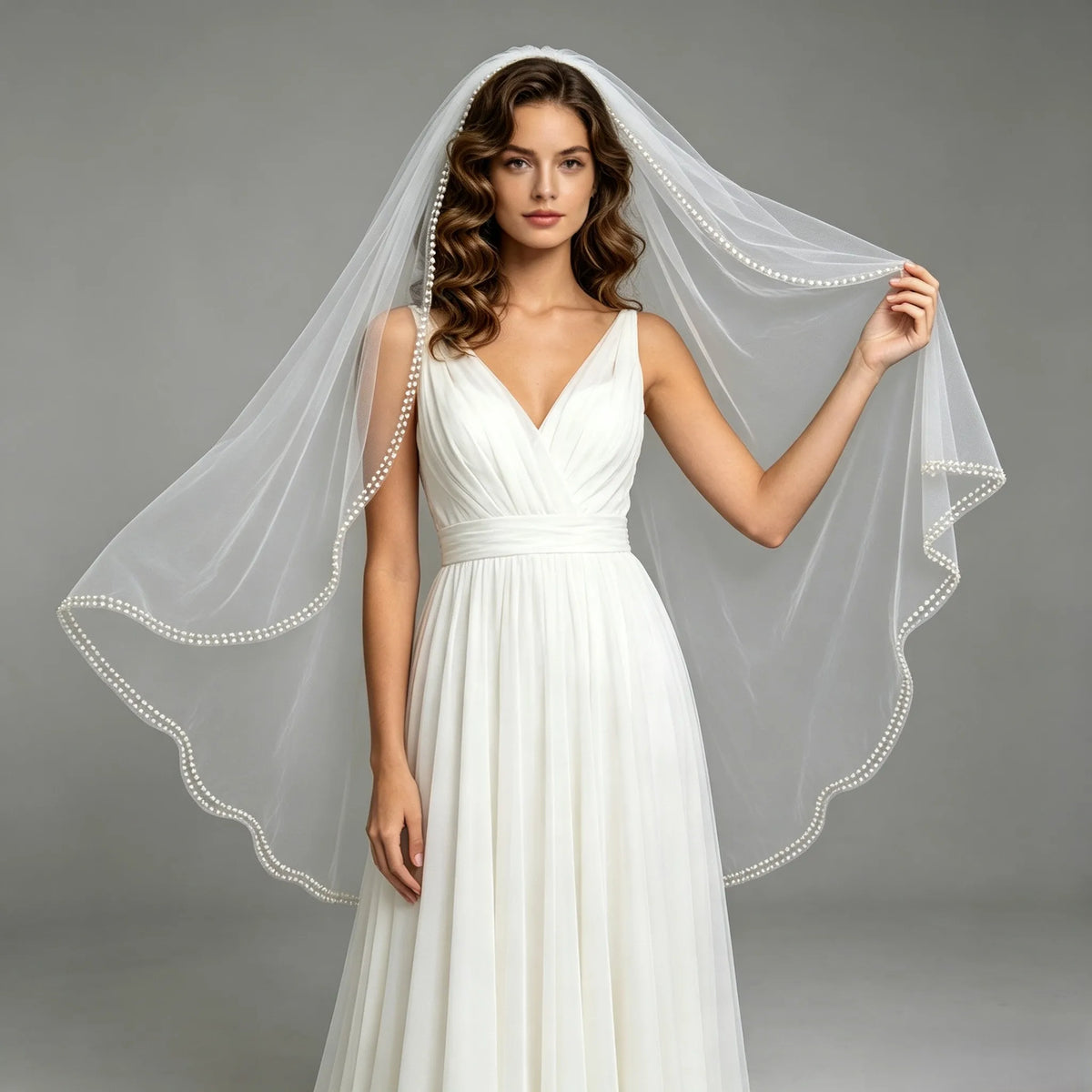 Vintage Pearl Beaded Fingertip Wedding Veil Single Layer Tulle Comb