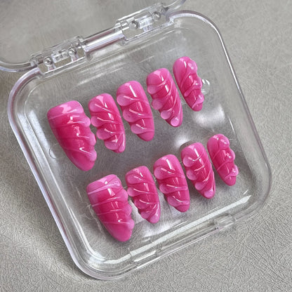 10 uñas postizas hechas a mano con diseño de gotas de agua en 3D, color rosa, almendra brillante, reutilizables, para salón de belleza. 