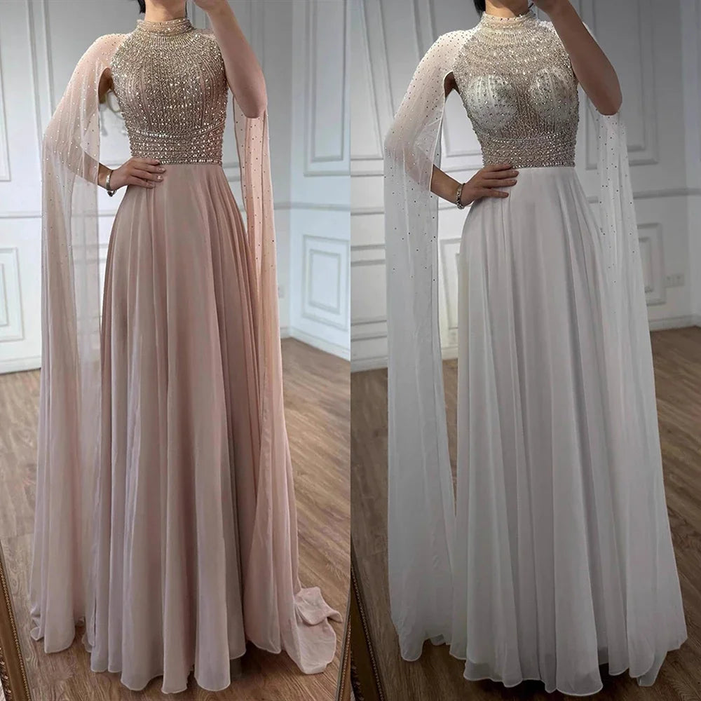 Serene Hill White Chiffon A Line Cape Sleeve Bridesmaid Dress