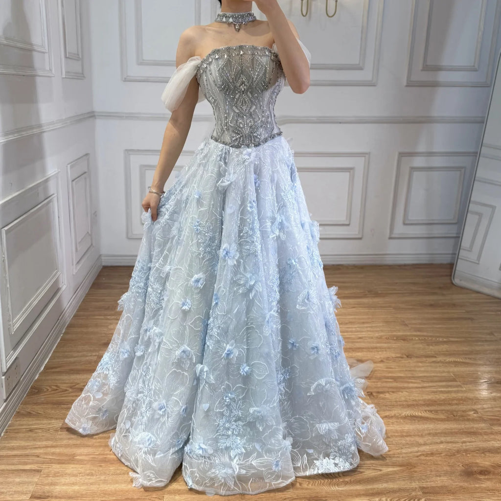 Serene Hill Blue Off Shoulder Evening Dress With Beaded Floral Appliques