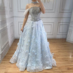 Serene Hill Blue Off Shoulder Evening Dress With Beaded Floral Appliques