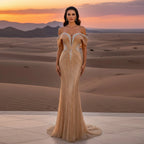 Serene Hill Custom Gold Beaded Mermaid Evening Dress Women Party Gown