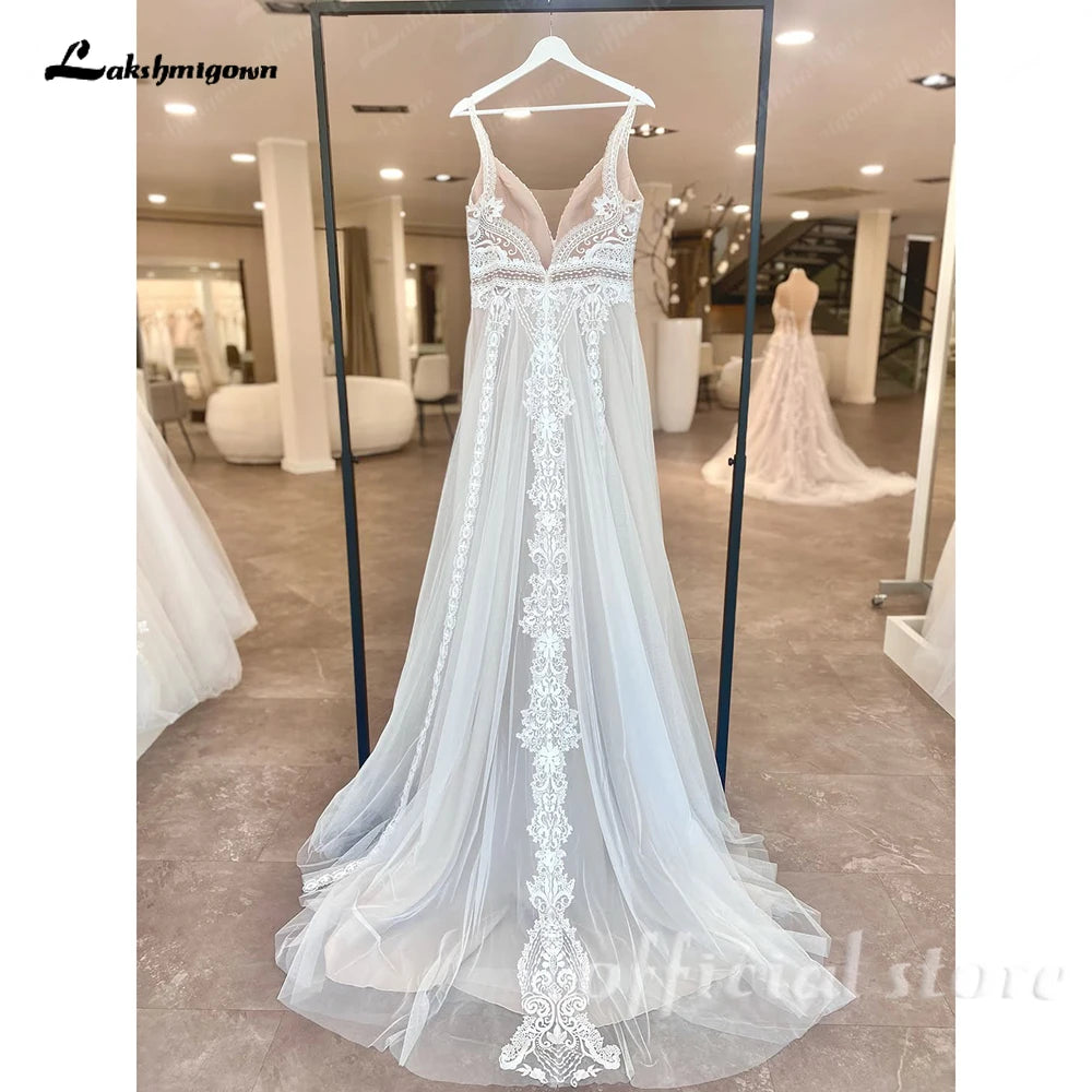 Custom Boho Lace Beach Wedding Dress V Neck Open Back Spaghetti Straps Gown