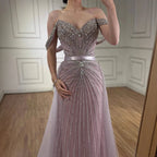 Luxury Beaded Mermaid Off Shoulders Evening Dress Custom Nude Gown For Women