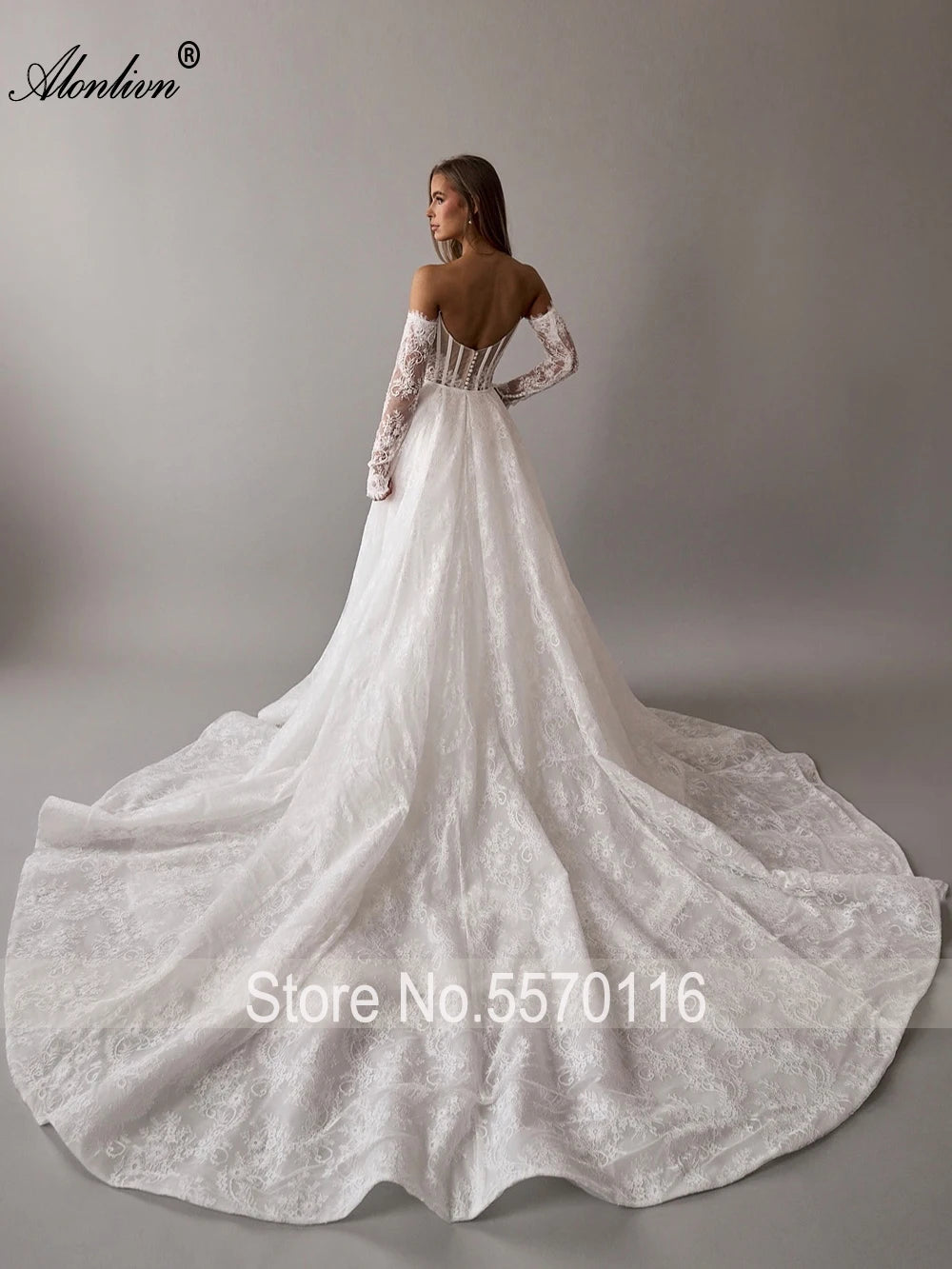 Alonlivn Custom Beaded Lace Mermaid Wedding Gown With Removable Train