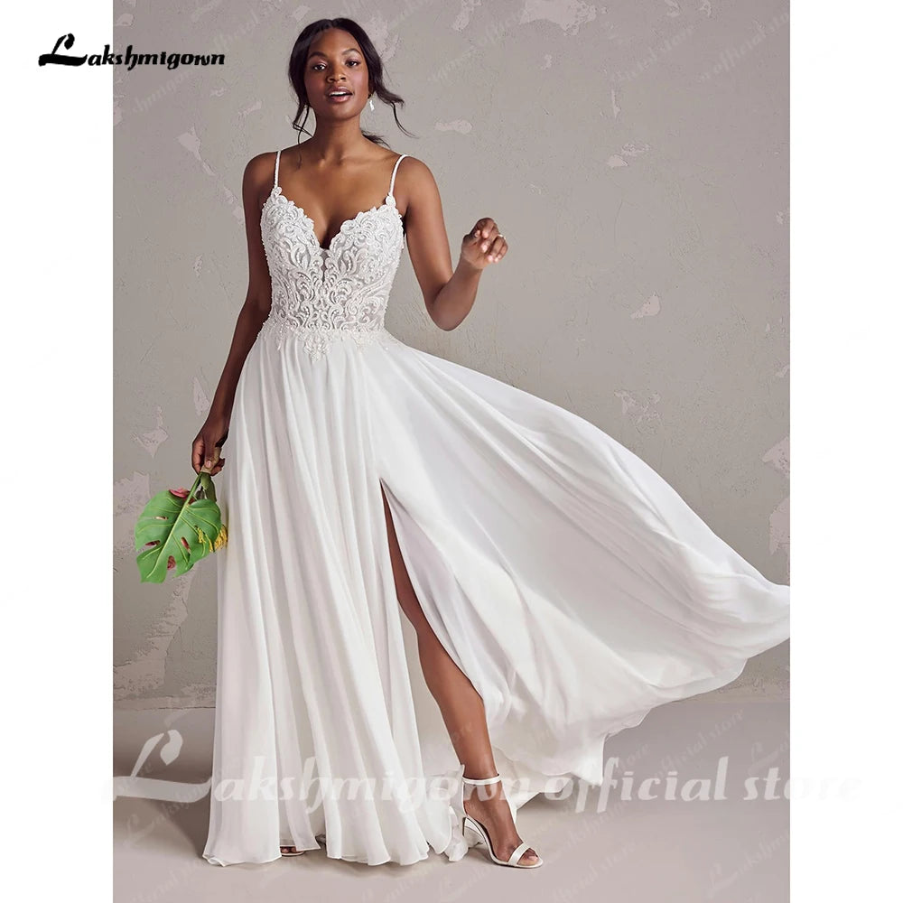 Custom Beaded Lace Wedding Dress Plus Size Boho Gown Detachable Sleeves